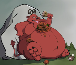 2_toes anthro belly big_belly feet food fur horn huge_belly male meat moobs obese obese_male overweight overweight_male red_body red_fur solo tail toes tongue tongue_out white_eyes hakoon don't_starve klei_entertainment wortox demon imp hi_res