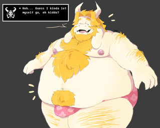 anthro beard belly big_belly blonde_beard blonde_facial_hair blonde_hair blonde_pubes bulge clothing facial_hair hair hairy horn male moobs morbidly_obese morbidly_obese_anthro morbidly_obese_male nipples obese obese_anthro obese_male overweight overweight_anthro overweight_male pubes solo text underwear loafbeaw undertale undertale_(series) asgore_dreemurr boss_monster_(undertale) bovid caprine mammal 2021 absurd_res english_text hi_res