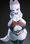 anthro big_breasts blush bodily_fluids breasts female fur huge_breasts hyper hyper_breasts kemono solo sweat white_body white_fur utterangle canid canine mammal hi_res