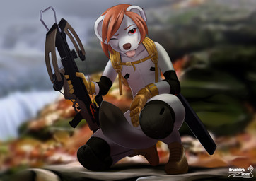 anthro arbalist autumn backpack blurred_background boots clothing crossbow crouching ear_piercing female flat_chested footwear fur gloves grey_body grey_fur hair handwear holding_object holding_weapon hunter knee_pads looking_at_viewer mostly_nude nipple_tape pasties piercing ranged_weapon red_eyes red_hair rock shoes solo tail tail_between_legs tape tongue tongue_out weapon brushart tessy_(brushart) mammal mustelid musteline true_musteline weasel absurd_res hi_res