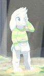 anthro blush bottomwear clean_diaper clothed clothing diaper green_clothing green_shirt green_topwear light male pantsless rubbing_eyes shirt solo sunlight topwear underwear wearing_diaper young ozzybear undertale undertale_(series) asriel_dreemurr boss_monster_(undertale) bovid caprine mammal hi_res