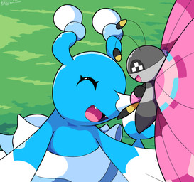 ambiguous_gender antennae_(anatomy) blue_body duo eyelashes eyes_closed fangs feral grey_body insect_wings lepidopteran_wings open_mouth size_difference tail teeth tongue wings sleepy_sealion nintendo pokemon arthropod brionne butterfly generation_6_pokemon generation_7_pokemon insect lepidopteran meadow_vivillon pokemon_(species) vivillon 2025 absurd_res dated hi_res signature