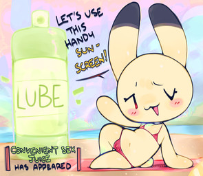 anthro bald beach beach_towel bikini bikini_bottom bikini_top black_ear_tips black_text blush blush_lines bottle camel_toe chibi clothed clothed_anthro clothed_female clothing container detailed_background dialogue dipstick_ears ear_markings exclamation_point eyelashes featureless_feet featureless_hands feet female female_anthro flat_chested green_text lube_bottle multicolored_body multicolored_ears navel noseless one_eye_closed open_mouth open_smile pink_blush pose reclining red_bikini red_clothing red_swimwear sand short_tail simple_eyes smile solo swimwear tail tan_body tan_ears text towel two-piece_swimsuit two_tone_ears water wink yellow_text young young_anthro young_female ligma_(artist) animal_yokocho iyo lagomorph leporid mammal rabbit 2026 digital_media_(artwork) full-length_portrait handwritten_text hi_res portrait