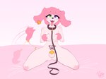 anthro blush bodily_fluids chastity_cage chastity_device collar ear_piercing ear_tag floppy_ears fur genital_fluids gold_(metal) gold_chastity_cage gold_chastity_device green_eyes gynomorph heterochromia intersex kneeling leash piercing pink_body pink_fur precum purple_eyes solo tail tail_motion tailwag tongue tongue_out tongue_piercing womb_tattoo phenyanyanya canid canine canis domestic_dog mammal hi_res pink_theme