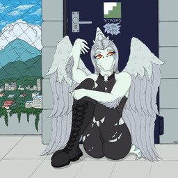 anthro black_boots black_bottomwear black_clothing black_footwear black_pants black_topwear blue_body bone_frill boots bottomwear claws clothed clothed_anthro clothed_female clothing cloud collar combat_boots day door elbow_feathers feathered_wings feathers female finger_claws fingers footwear frill_(anatomy) front_view grey_body grey_feathers grey_hair hair humanoid_hands long_hair looking_aside markings orange_eyes outside pants rooftop shoes short_tail sitting solo spiked_collar spikes striped_markings stripes tail text topwear torn_bottomwear torn_clothing torn_pants wings lorikani cavemanon_studios goodbye_volcano_high ko_op_(game_developer) snoot_game fang_(gvh) prehistoric_species pterosaur reptile scalie 1:1 absurd_res artist_name colored hi_res shaded