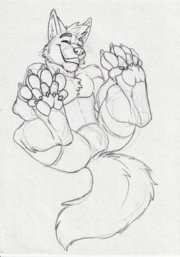 anthro athletic athletic_anthro athletic_male bottomwear clothed clothing feet fingers_between_toes foot_focus grin hair looking_at_viewer male male_anthro narrowed_eyes pawpads pecs short_hair simple_background smile solo tail topless hufnaar canid canine mammal absurd_res hi_res monochrome sketch