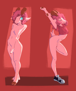 anthro blue_eyes bodily_fluids clothing erection femboy footwear genital_fluids genitals hair hooves horn male nude penis pink_body pink_hair precum shirt shoes simple_background solo standing stretching tail topwear bleating_dip ferrin_(bleating_dip) bovid caprine goat mammal absurd_res hi_res