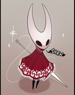 anthro black_body black_border black_eyes border cloak clothing dialogue empty_eyes featureless_feet feet female front_view grey_background holding_object holding_weapon red_cloak red_clothing simple_background solo text weapon white_body huffslove hollow_knight_(franchise) team_cherry hornet_(hollow_knight) arthropod insect english_text hi_res