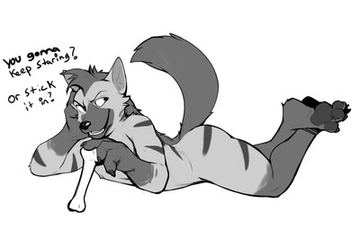 bone butt cowlick fur hair male nude paws simple_background solo_focus striped_body striped_fur stripes tail text white_background jrjresq hyena mammal english_text hi_res monochrome