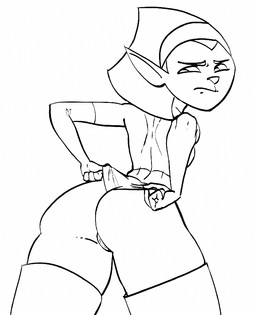 anthro big_butt butt clothing clothing_pull female legwear looking_back rear_view solo thick_thighs thigh_highs turning_around underwear underwear_pull necrolepsy atomic_betty background_character unnamed_character alien domestic_cat felid feline felis mammal 2026 monochrome portrait three-quarter_portrait
