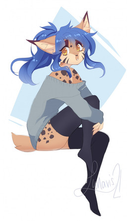 abstract_background anthro blue_hair brown_body brown_fur chibi clothed clothing footwear fur hair legwear looking_at_viewer male off_shoulder ponytail sitting socks solo spots stripes sweater thigh_highs toony topwear yellow_eyes lunaris21 genesis_starwind_(genesisstarwind) canada_lynx felid feline lynx mammal 2018 digital_media_(artwork) hi_res shaded
