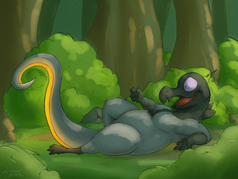 4_fingers after_transformation black_body black_scales feral fingers glowing glowing_body glowing_scales goredt grey_body grey_scales implied_transformation looking_at_self lying male on_back open_mouth orange_body orange_scales outside plant purple_eyes scales shocked shrub solo tongue tree verdantotter nintendo pokemon pokemon_mystery_dungeon spike_chunsoft generation_7_pokemon lizard pokemon_(species) reptile salandit scalie 4:3