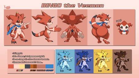 5_fingers anthro baby_digimon back_spikes big_butt blue_body blue_scarf brown_body brown_eyes brown_scarf butt claws crossed_arms digitigrade fingers horn kerchief looking_at_viewer looking_back male mostly_nude multicolored_body multiple_poses navel neonate pink_body pose rear_view red_body scarf scarf_only side_view slightly_chubby slightly_chubby_male smile smiling_at_viewer solo spikes spikes_(anatomy) surprised tail toe_claws yellow_body young kiffy_(artist) bandai_namco digimon bingo_(kiffy) fan_character betelgammamon demiveemon digimon_(species) hybrid hybrid_digimon veemon absurd_res hi_res model_sheet
