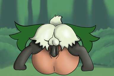 anthro balls black_legs duo fur genitals grass green_body green_fur green_tail green_trees light_body light_skin male male/male nude penis plant sex short_tail simple_background tail tree passey_voppy nintendo pokemon felid feline generation_9_pokemon human mammal meowscarada pokemon_(species) 3:2