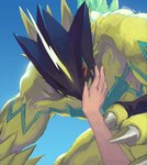 ambiguous_gender anthro claws disembodied_hand duo first_person_view gradient_background humanoid_hands male mask muscular muscular_anthro muscular_male pecs petting simple_background yellow_body kira_dra_h bandai_namco digimon bulkmon digimon_(species) human mammal monster signature