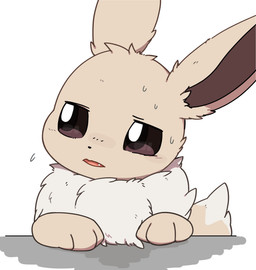 ambiguous_gender bodily_fluids brown_eyes cute_fangs fangs feral fluffy fur looking_aside open_mouth paws ruff solo sweat sweatdrop tail tan_body tan_fur teeth tongue white_body white_fur inukami_hikari nintendo pokemon eevee generation_1_pokemon pokemon_(species) shiny_pokemon 2025 digital_media_(artwork) hi_res reaction_image