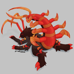 4_arms ambiguous_gender antennae_(anatomy) anthro brown_body brown_fur claws fur grey_background lying multi_arm multi_limb on_front raised_tail red_body red_claws red_eyes simple_background solo tail x_eyes privafuchsia kaiju_paradise arthropod centipede crawlipede_(kaiju_paradise) gootraxian myriapod 2025 digital_drawing_(artwork) digital_media_(artwork) hi_res