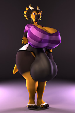 anthro big_breasts big_bulge breasts bulge clothed clothing footwear gynomorph horn huge_breasts huge_bulge hyper hyper_breasts hyper_bulge intersex non-mammal_breasts sandals shoes simple_background smile solo thick_thighs wide_hips anthroanim mythology milenth_drake dragon mythological_creature mythological_scalie scalie 2016 2:3 3d_(artwork) digital_media_(artwork) hi_res
