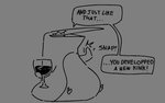 alcohol ambiguous_gender beverage container cup dialogue drinking_glass feral glass glass_container glass_cup humor semi-anthro snapping_fingers solo speech_bubble text the_truth wine wine_glass tabuley tabuley_(character) avian bird penguin digital_drawing_(artwork) digital_media_(artwork) english_text line_art monochrome reaction_image