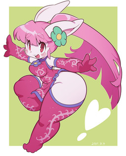 accessory anthro armwear asian_clothing blush blush_stickers border bow_ribbon breasts buckteeth clothing dress east_asian_clothing elbow_gloves female flower flower_in_hair fur gloves green_background hair hair_accessory handwear heart_symbol huge_hips huge_thighs legwear open_mouth pink_armwear pink_body pink_clothing pink_dress pink_elbow_gloves pink_eyes pink_fur pink_gloves pink_hair pink_handwear pink_legwear pink_thigh_highs plant pose simple_background solo teeth thick_thighs thigh_highs white_border wide_hips sanjiro chao_pyon_pyon lagomorph leporid mammal rabbit 2021 dated hi_res
