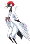 anthro beak black_body black_feathers bodily_fluids breasts can container covering covering_self feathered_wings feathers female hair holding_object kemono non-mammal_breasts open_mouth purple_eyes red_hair simple_background slim solo sweat white_background white_body white_feathers winged_arms wings melonleaf avian bird crane_(bird) gruiform grus_(genus) red-crowned_crane hi_res