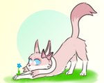 3_fingers 3_toes blue_eyes bow_accessory feet feral fingers flower gradient_background grass male pink_body plant ribbons simple_background solo toes white_body zalivkustsyganili nintendo pokemon eeveelution felid feline generation_6_pokemon mammal pokemon_(species) sylveon 5:4