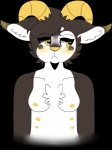 anthro blush breasts chest_tuft clothed clothing female frown fur hair horn markings nipples nude short_hair shy solo topless tuft white_body white_fur yellow_eyes yellow_horn yellow_nipples yellow_nose s0lst1c3 bovid caprine goat mammal 2016 alpha_channel digital_media_(artwork) portrait