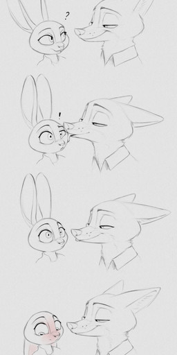 anthro biped blush clothed clothed_anthro clothed_female clothed_male clothing duo eye_contact female fur licking licking_another looking_at_another male simple_background smile teeth tongue s1m disney zootopia judy_hopps nick_wilde canid canine european_rabbit fox lagomorph leporid mammal oryctolagus rabbit red_fox true_fox 2026 comic digital_drawing_(artwork) digital_media_(artwork) hi_res monochrome sketch spot_color
