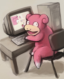 ambiguous_gender black_eyes chair computer computer_keyboard computer_monitor computer_tower desk dot_eyes electronics fangs feral furniture humor inside keyboard looking_at_viewer looking_back looking_back_at_viewer monitor multicolored_body multicolored_skin nude on_chair open_mouth pink_body pink_ears pink_skin quadruped semi-anthro simple_background simple_eyes sitting sitting_on_chair solo table tan_background tan_body tan_skin teeth text website white_body white_skin wide_eyed vivinkart 4chan nintendo pokemon generation_1_pokemon pokemon_(species) slowpoke 2017 digital_media_(artwork) digital_painting_(artwork) english_text hi_res meme painting_(artwork)