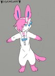 anthro anthrofied blue_eyes clothed clothing female fur hair pajamas pink_body pink_hair pokemorph ribbons smile solo white_body white_fur zipper sugerblu sylveonfuckoff nintendo pokemon fan_character sylvi_(sugerblu) eeveelution generation_6_pokemon pokemon_(species) sylveon hi_res