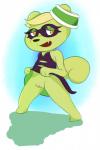 anthro bottomless bottomwear clothed clothing clothing_lift female fur genitals green_body green_fur no_underwear presenting pussy simple_background skirt skirt_lift solo unknown_artist animal_crossing nintendo splatoon viche_(animal_crossing) mammal rodent sciurid tree_squirrel hi_res