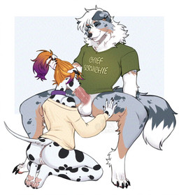 4_toes anthro anus balls biped bottomless butt claws clothed clothing duo feet female genitals hair kneeling_oral_position male male/female multicolored_hair oral paws penis pulling_hair purple_hair red_hair sex shirt shirt_only soles sweater tail toes tongue tongue_out topwear topwear_only touching_hair vein veiny_penis vulva sweetburn cathy_(dallypup) dally_doggo australian_shepherd canid canine canis dalmatian domestic_dog herding_dog mammal pastoral_dog sheepdog 2025 dated digital_media_(artwork) hi_res signature