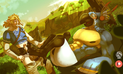 abs anthro balls beak belt big_muscles big_pecs blonde_hair blush bodily_fluids bottomwear bottomwear_down butt clenched_teeth cliff clothed clothing cloud cum cum_on_feet day detailed_background duo erection feathers feet fist foot_fetish foot_play footjob genital_fluids genitals grass hair holding_leg humanoid_genitalia humanoid_on_anthro humanoid_penis humanoid_pointy_ears lens_flare looking_down looking_pleasured lying male male/male mountain muscular muscular_male nipples nude open_mouth orgasm outside pants pants_down partially_clothed pecs penile penis plant pointy_ears rock sex shirt shrub sky smile standing sun talons teeth toes tongue topwear tree xdarkspace breath_of_the_wild nintendo the_legend_of_zelda kass_(tloz) link avian bird elf humanoid hylian rito digital_media_(artwork) hi_res signature
