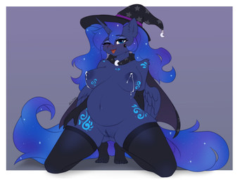 anthro bodily_fluids breast_milking cape clothing female genitals hat headgear headwear horn lactating legwear looking_at_viewer magic_user milk one_eye_closed open_mouth pregnant pregnant_anthro pregnant_female solo stockings tongue tongue_out vulva wings witch witch_hat alphadesu friendship_is_magic hasbro my_little_pony mythology princess_luna_(mlp) equid equine mammal mythological_creature mythological_equine winged_unicorn 4:3 hi_res