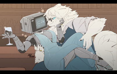5_fingers anthro beverage big_breasts black_bars blue_eyes breasts cathode_ray_tube closed_smile clothed clothing digit_ring dress duo eyebrows eyewear female fingers fluffy fluffy_tail footwear for_a_head fur glasses grey_body hair high_heels holding_another holding_beverage holding_object holding_partner husband husband_and_wife inner_ear_fluff inside jewelry looking_at_another love machine male male/female married_couple mouth_closed pupils ring robophilia romantic romantic_ambiance romantic_couple screen screen_face shoes smile substance_intoxication tail tuft wedding_ring white_body white_fur white_hair wife auveiss matthew_graceford_(auveiss) melissa_graceford_(auveiss) canid canine humanoid mammal object_head robot screen_head 2026 hi_res letterbox signature