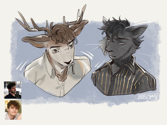 anthro antlers biped black_body black_dress_shirt black_fur brown_antlers brown_body brown_eyes brown_fur brown_hair duo fur green_eyes hair horn male slim_anthro slim_male white_body white_dress_shirt white_fur hemuchang deer felid feline lynx mammal 2025 hi_res