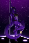 anthro bra clothing dancing female footwear fur gold_(metal) high_heels horn lime_eyes pole pole_dancing purple_body purple_fur shoes solo underwear rimann iris_grim canid canine canis felid lycafel mammal prehistoric_species saber-toothed_tiger wolf hi_res