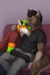 5_fingers anthro black_clothing bottomwear clothing duo eyes_closed fingers fur furniture grey_clothing love male open_mouth pants red_clothing sitting smile sofa kikonine marjani canid canine canis fox mammal wolf 2021 absurd_res hi_res