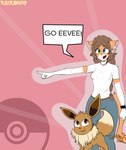 anthro blue_eyes brown_body brown_hair clothing countershading duo female female/female feral fluffy fluffy_tail gesture green_eyes hair hand_gesture heterochromia looking_at_another orange_body pointing pointing_at_another pokeball simple_background smile tail firenox1559 tleatlnox59 nintendo pokemon tiffany_(tleatlnox59) domestic_cat eevee felid feline felis generation_1_pokemon mammal pokemon_(species) absurd_res flat_colors hi_res