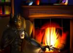 anthro armchair beverage black_body black_fur blue_eyes book chair coffee container cup fire fireplace fur furniture male nude solo thought furrytiger_2012 canid canine canis mammal wolf 2014 digital_media_(artwork) hi_res