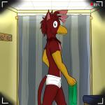 1:1 anthro avian beak bird briefs clothing coat_hook fitting_room fuze green_clothing hi_res holding_clothing holding_object inside kyuurin looking_at_viewer male one_way_mirror recording side_view solo standing tighty_whities underwear vignette white_briefs white_clothing white_underwear