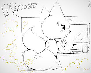 anthro blush blush_lines bodily_fluids butt coffee_mug computer_monitor embarrassed fart fart_cloud female frown green_fart_cloud looking_back raised_tail rear_view sitting solo sound_effects sweat sweatdrop tail text wide_eyed jubb aggretsuko sanrio fenneko canid canine fennec_fox fox mammal true_fox 2022 artist_name