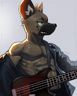 abs anthro bass_guitar clothed clothing guitar male muscular muscular_male musical_instrument off_shoulder open_clothing open_shirt open_topwear pecs plucked_string_instrument shirt simple_background solo string_instrument topwear ankorthewolf aggretsuko sanrio haida_(aggretsuko) hyena mammal spotted_hyena 4:5 hi_res