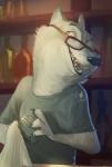 anthro bar cheek_tuft claws clothed clothing container cup eyewear facial_tuft glasses holding_object inside male solo text tuft yellow_eyes monoflax bad_guy_cafe disney zootopia fan_character wolfgang_jaeger_(readerno31142) canid canine canis mammal wolf 2018 english_text hi_res