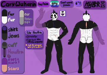 abs amputee anthro areola biceps biped black_body black_fur black_hair black_nose butt color_swatch cybernetic_arm cybernetic_limb disability ear_piercing ear_ring eyebrows facial_hair facial_piercing featureless_crotch fur gesture goatee hair looking_at_viewer male mohawk muscular muscular_anthro muscular_male navel nipple_piercing nipples nose_piercing nose_ring notched_ear nude pecs piercing plantigrade purple_body purple_eyes ring_piercing scar septum_piercing septum_ring smile snaggle_tooth solo standing stated_height stated_sexuality tail text tongue tongue_out waving white_body white_fur hyber cary_wuharin bear giant_panda mammal wuharian english_text hi_res model_sheet