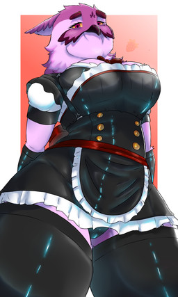 anthro big_breasts breasts clothed clothing feathers female looking_at_viewer low-angle_view maid_uniform mature_anthro mature_female non-mammal_breasts pink_body simple_background smile solo thick_thighs uniform upskirt wide_hips verabubbletea vera_(verabubbletea) avian bird great_horned_owl horned_owl owl true_owl 3:5 absurd_res hi_res