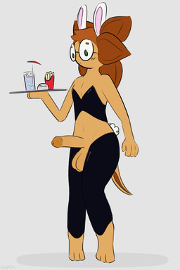 4_fingers anthro balls bunny_costume clothed clothing container costume cup fake_ears fake_rabbit_ears fingers food fries genitals glans glass glass_container glass_cup green_eyes humanoid_genitalia humanoid_penis male navel orange_body penis skimpy tail tray ansia_(artist) cameron_(ansia) amphibian aquatic axolotl mole_salamander salamander 2:3 hi_res
