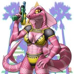 1:1 2022 4_fingers absurd_res anthro athletic biped black_clothing black_topwear breasts claws clothed clothing collarbone digital_media_(artwork) female finger_claws fingers fish forked_tongue front_view hi_res holding_water_gun hybrid looking_at_viewer marine medium_breasts megawolf77 monotone_body monotone_scales multicolored_clothing multicolored_topwear pink_arms pink_body pink_breasts pink_claws pink_fingers pink_hands pink_scales pink_tail portrait reptile scales scalie shaded shark signature snake solo tail three-quarter_portrait three-quarter_view tongue tongue_out topwear toy toy_gun two_tone_clothing two_tone_topwear water_gun yellow_clothing yellow_topwear