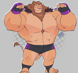 anthro big_muscles bottomwear chest_tuft clothed clothing gesture gloves hand_gesture handwear male multicolored_clothing muscular muscular_anthro muscular_male navel pecs pointing pointing_at_self purple_nose scar shorts simple_background solo tuft wrestler megawaffle duke_(megawaffle) felid lion mammal pantherine 2023 hi_res