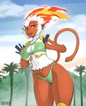 accessory anthro bikini breasts brown_body brown_fur clothed clothing cloud female fire flaming_hair front_view fur headband looking_at_viewer open_mouth partially_clothed pseudo_hair skimpy sky solo standing swimwear tail tongue two-piece_swimsuit white_body white_fur roadiesky nintendo pokemon generation_4_pokemon infernape mammal pokemon_(species) primate 2023 absurd_res hi_res